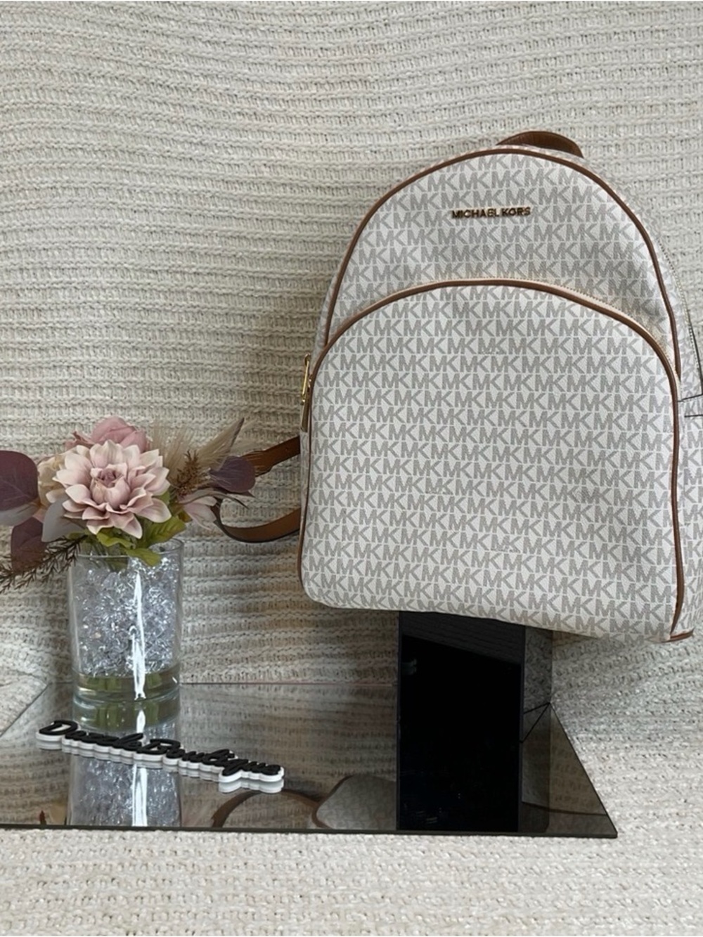 Michael Kors Cream MK Logo Backpack with Tan Trim